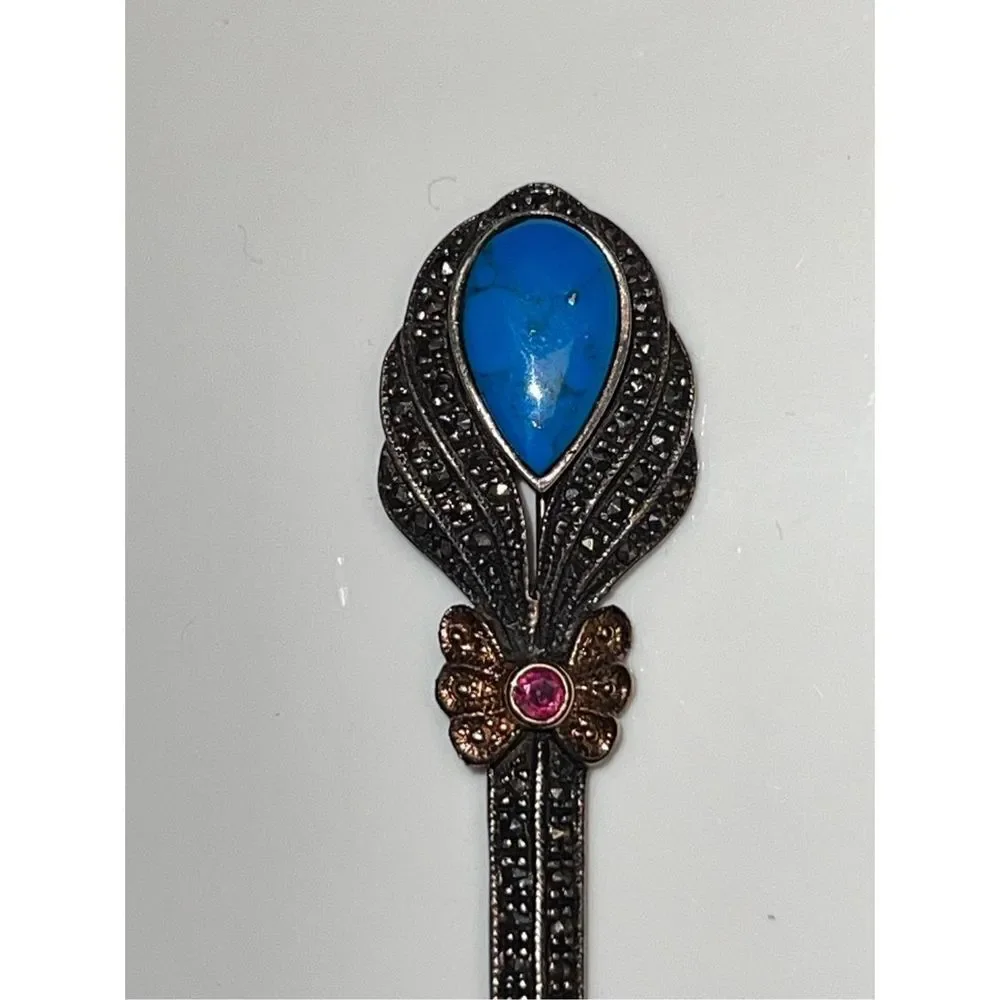 Antique Art Deco Marcasite Turquoise Pink Sapphire C-Clasp Pin Brooch